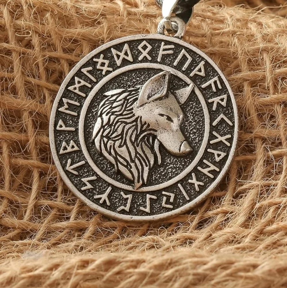 Silver Wolf Pendant with Runes
